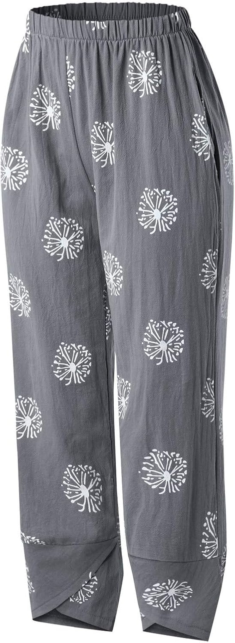 Women'S Linen Cropped Wide Leg Pants Women Summer Flowers Print Elastic Waist Soft Cotton Sweatpants Gray