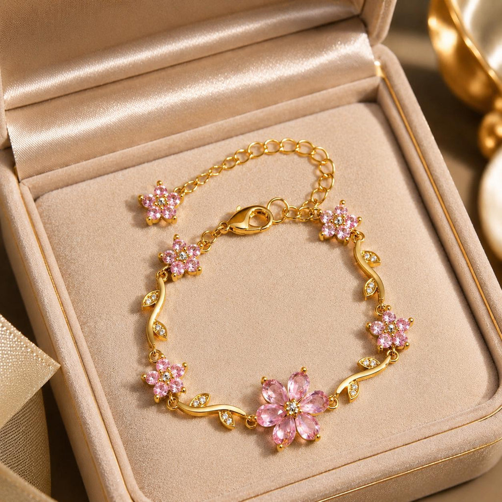 Pink Flower Bracelet, Gold Crystal Bracelet, Dainty Floral Bracelet, Adjustable Flower Jewelry, Romantic Gift for Her