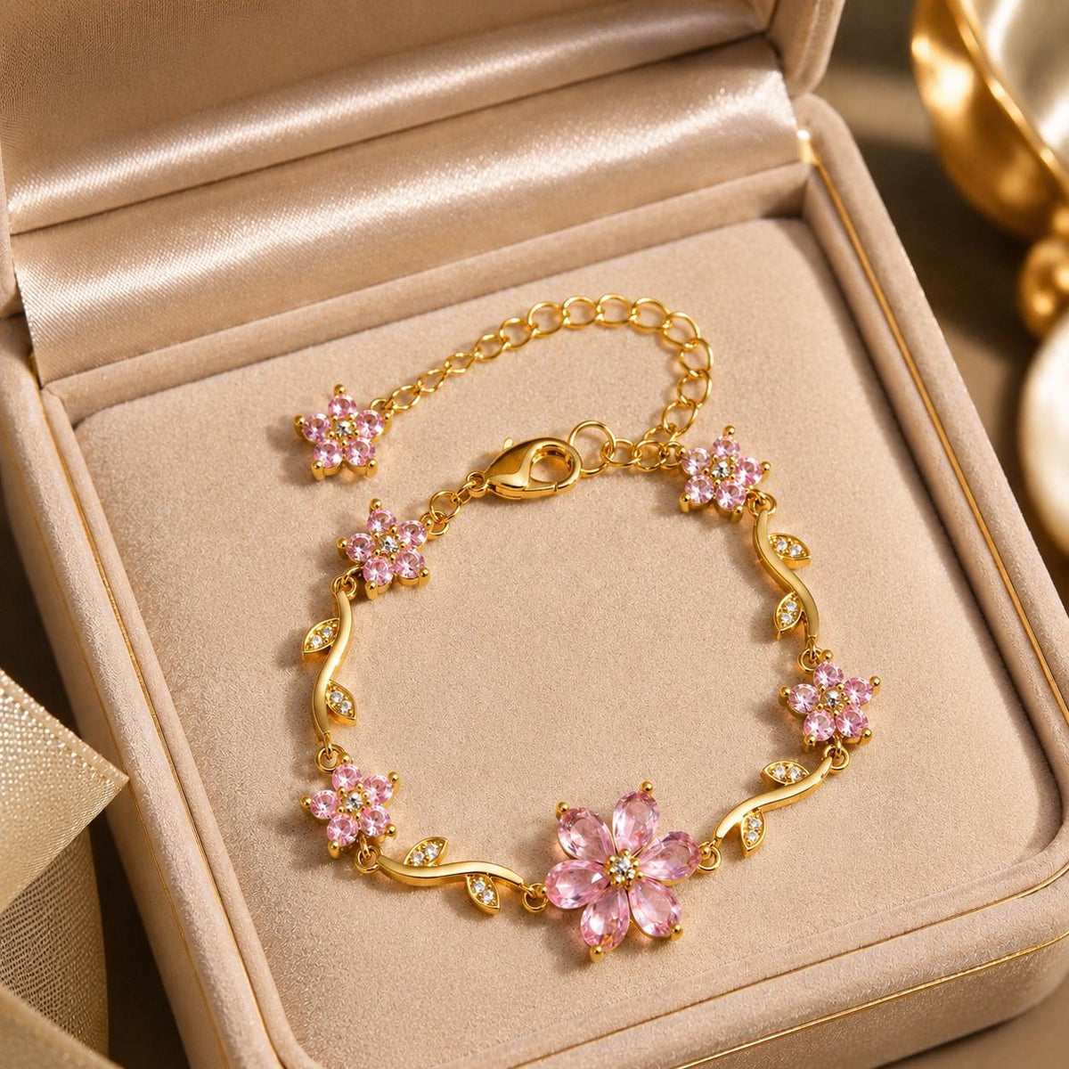 Pink Flower Bracelet, Gold Crystal Bracelet, Dainty Floral Bracelet, Adjustable Flower Jewelry, Romantic Gift for Her