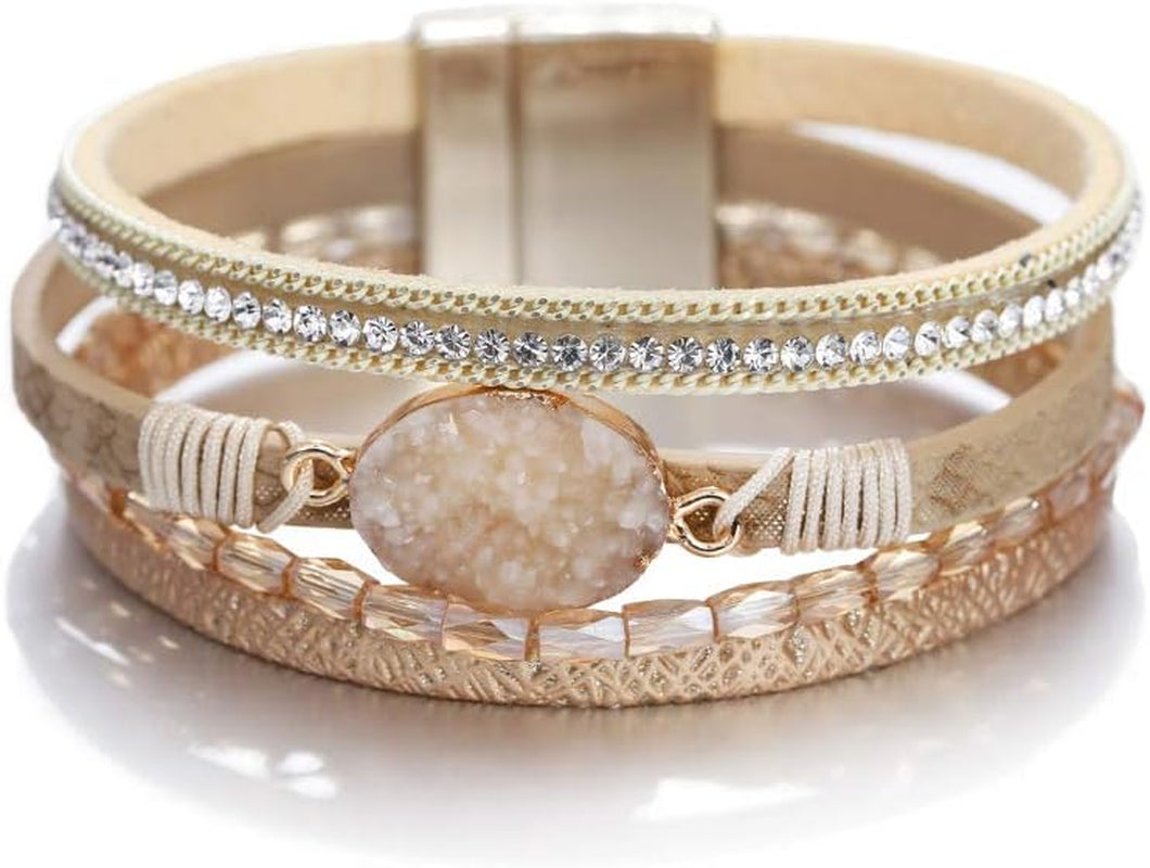Leather Wrap Bracelet for Women, Boho Western Layered Cuff Jewelry