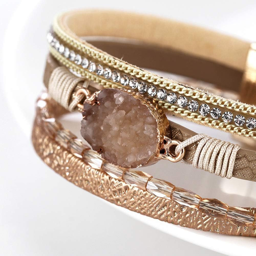 Leather Wrap Bracelet for Women, Boho Western Layered Cuff Jewelry